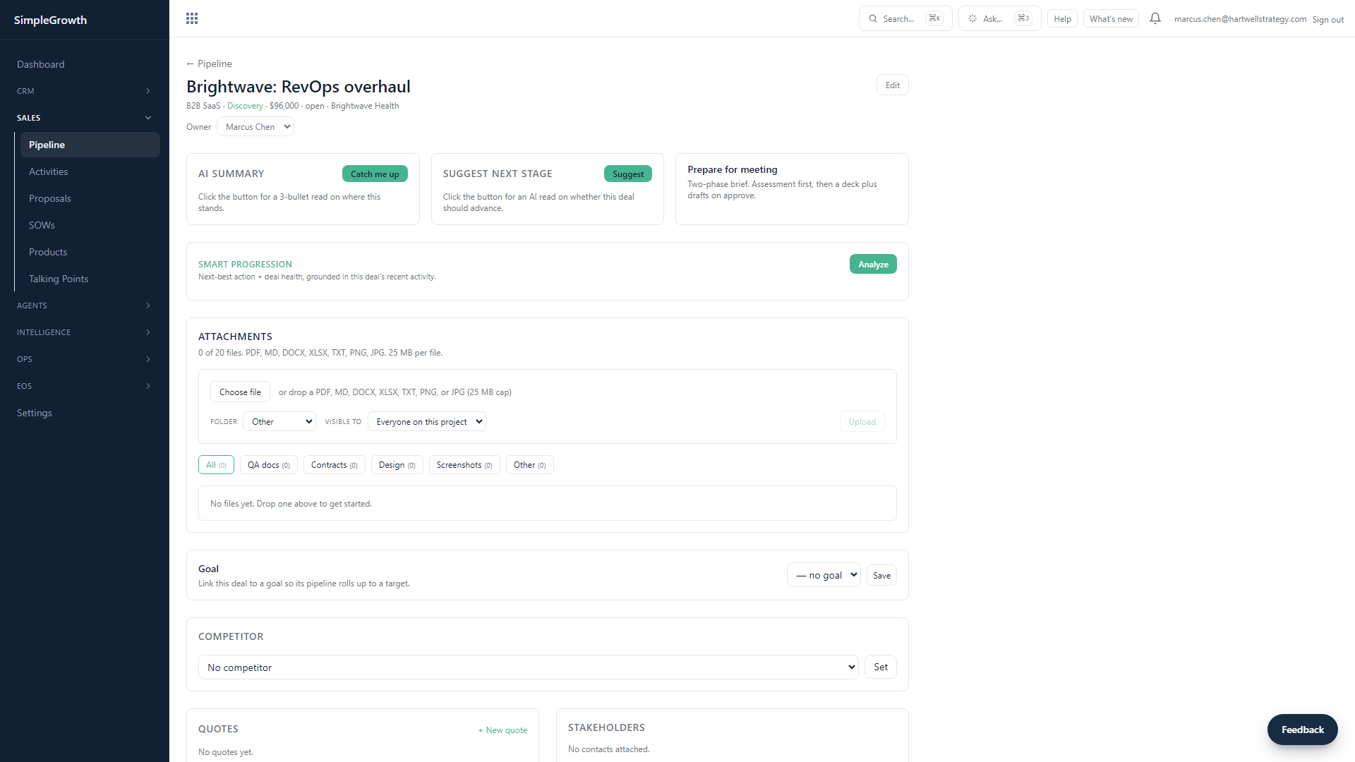 A SimpleGrowth deal record with stage, value, contacts, and the agent-suggested next step.