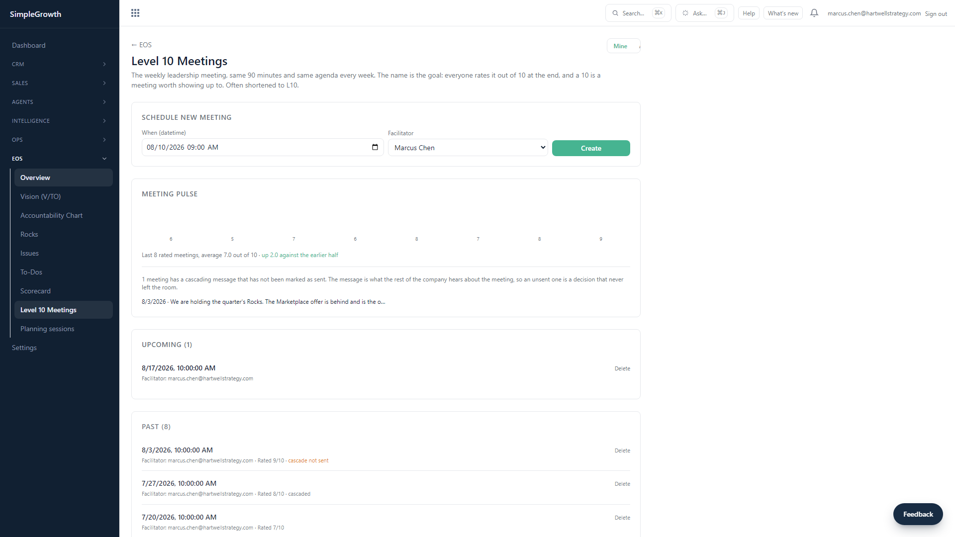 The SimpleGrowth Level 10 meeting screen with segue, scorecard, rocks, and the issues list.