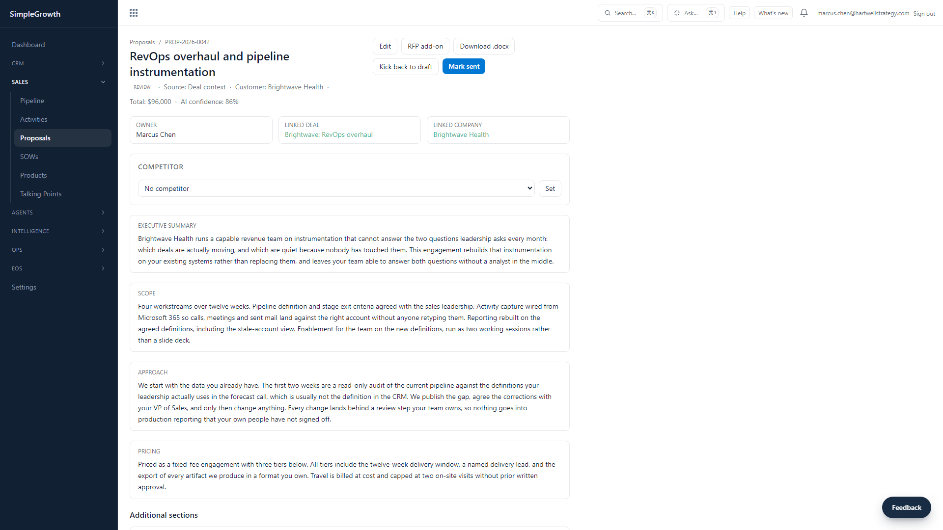 A SimpleGrowth proposal drafted from deal context, with pricing tiers and a compliance matrix.
